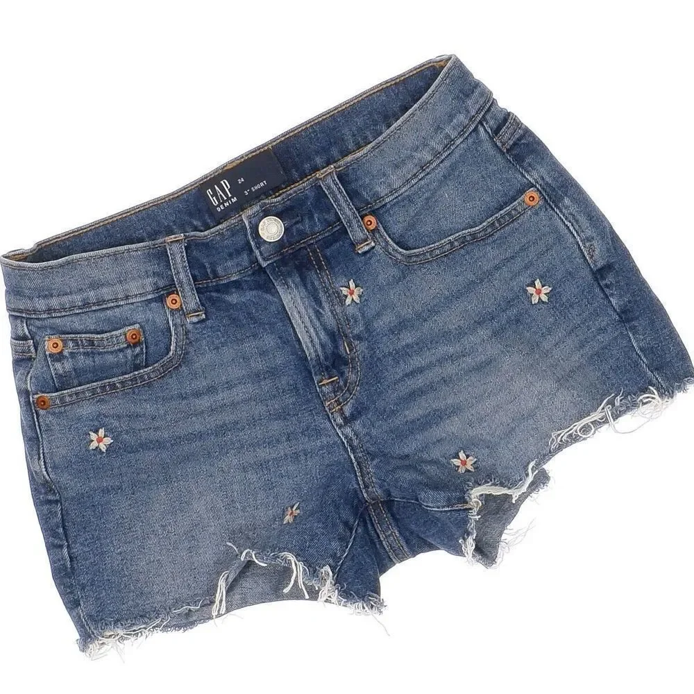 Gap Shorts Size 24 Womens Floral Embroidered Raw Hem Blue Measures W27